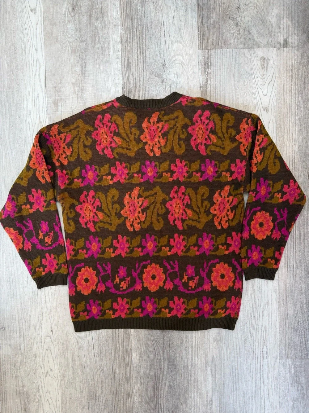 Vintage Stefanel Italy Floral Jacquard Knit Sweater Pink Orange Brown Crewneck L